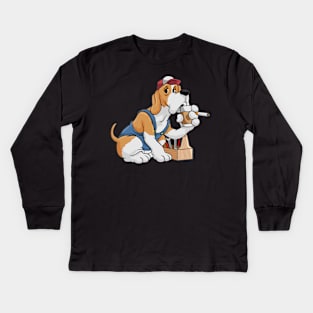 Dog as mechanic with tool box and tool Kids Long Sleeve T-Shirt